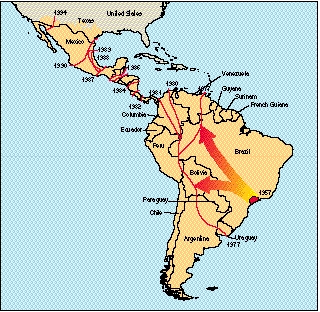 Spread of Africanized killer bees in South America 